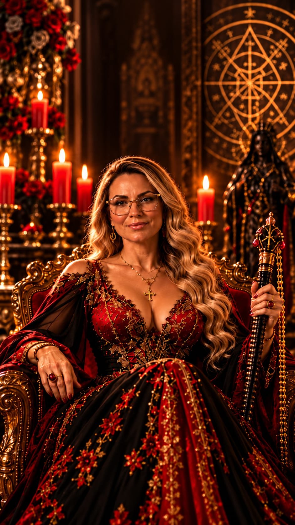 Mãe Tatianne de Oxalá sentada em um trono dourado, vestida de vermelho e preto, segurando um cetro, com velas e imagens religiosas ao fundo.